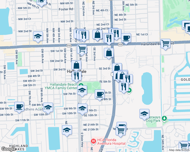 map of restaurants, bars, coffee shops, grocery stores, and more near 309 Southeast 3rd Avenue in Hallandale Beach