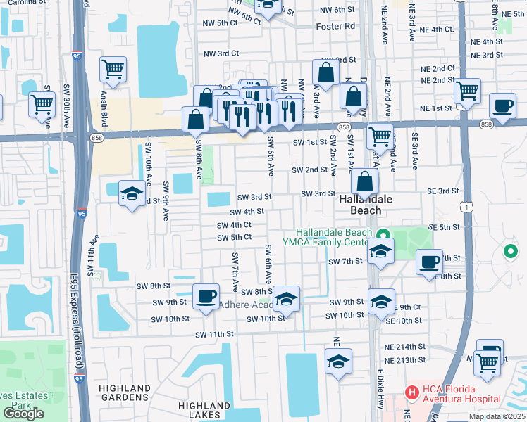map of restaurants, bars, coffee shops, grocery stores, and more near 509 Southwest 3rd Street in Hallandale Beach