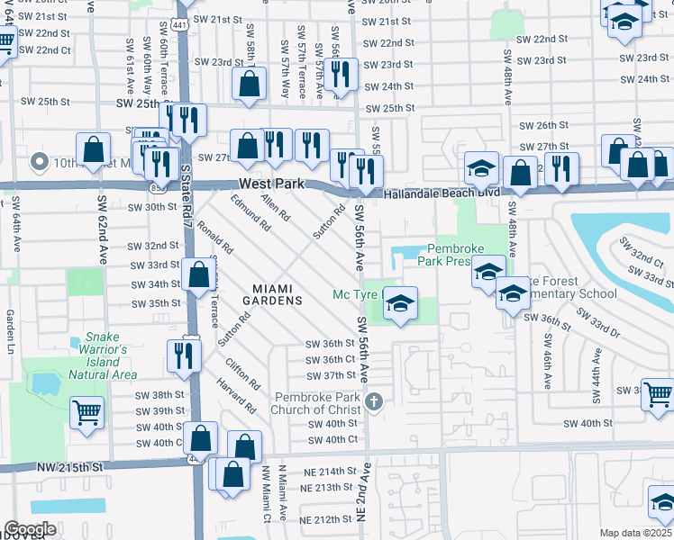 map of restaurants, bars, coffee shops, grocery stores, and more near 114 Allen Road in West Park