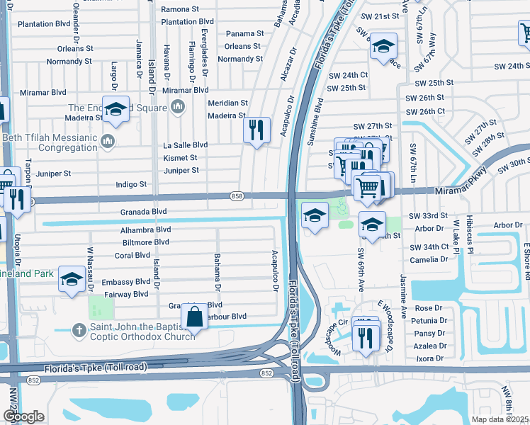 map of restaurants, bars, coffee shops, grocery stores, and more near 7200 Granada Boulevard in Miramar