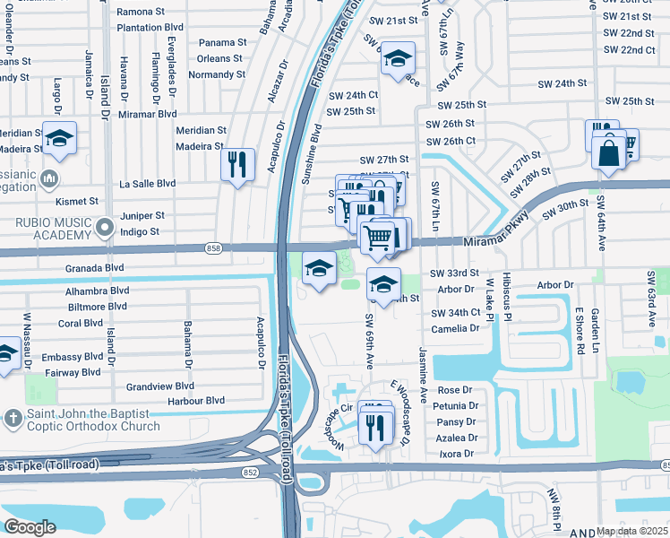 map of restaurants, bars, coffee shops, grocery stores, and more near 6900 Miramar Parkway in Miramar