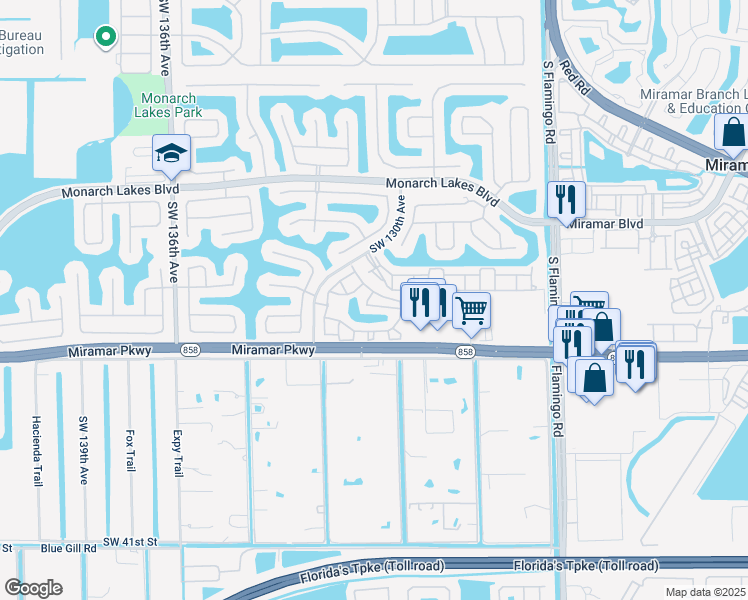 map of restaurants, bars, coffee shops, grocery stores, and more near 3023 Southwest 129th Avenue in Miramar