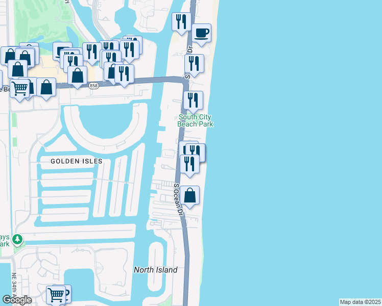 map of restaurants, bars, coffee shops, grocery stores, and more near 1920 South Ocean Drive in Hallandale Beach