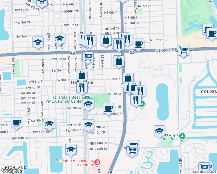map of restaurants, bars, coffee shops, grocery stores, and more near 309 Southeast 3rd Avenue in Hallandale Beach