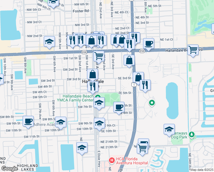 map of restaurants, bars, coffee shops, grocery stores, and more near 150 Southeast 3rd Street in Hallandale Beach