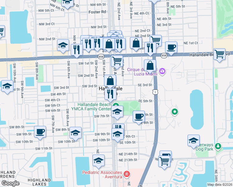 map of restaurants, bars, coffee shops, grocery stores, and more near in Hallandale Beach