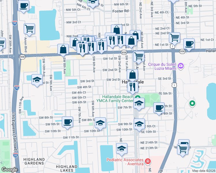 map of restaurants, bars, coffee shops, grocery stores, and more near 301 Southwest 4th Terrace in Hallandale Beach