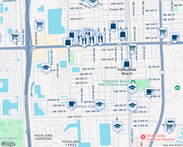map of restaurants, bars, coffee shops, grocery stores, and more near 509 Southwest 3rd Street in Hallandale Beach