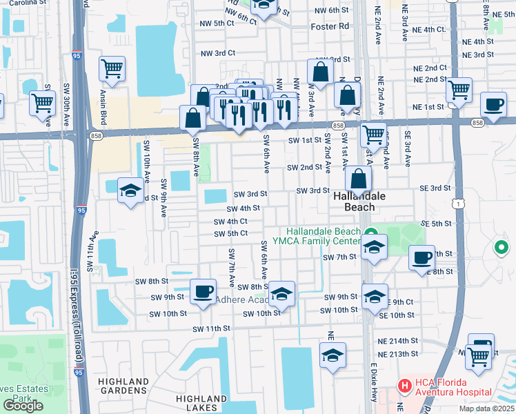 map of restaurants, bars, coffee shops, grocery stores, and more near 509 Southwest 3rd Street in Hallandale Beach