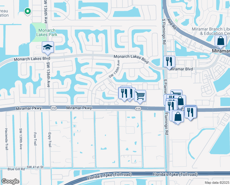 map of restaurants, bars, coffee shops, grocery stores, and more near 12962 Southwest 29th Court in Miramar