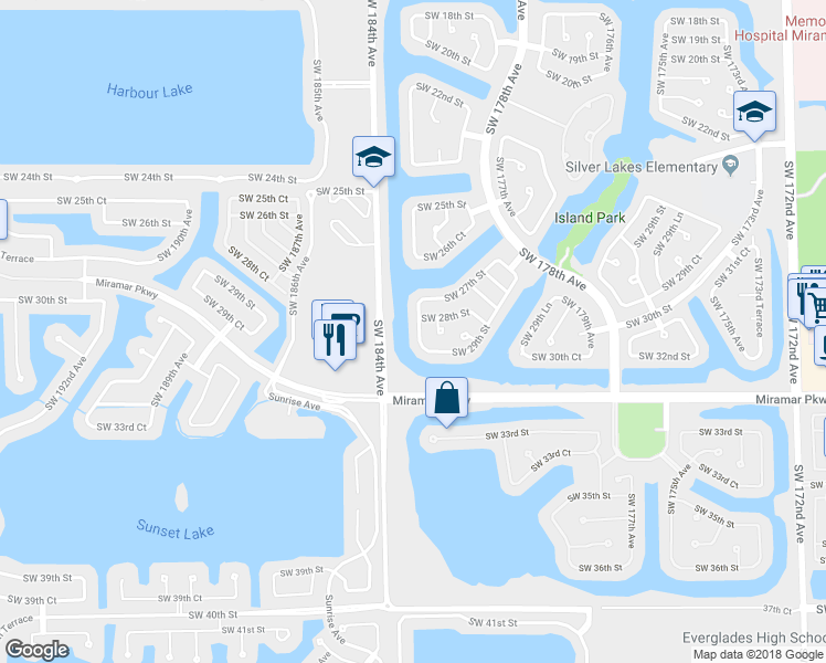 map of restaurants, bars, coffee shops, grocery stores, and more near 2824 Southwest 183rd Avenue in Miramar
