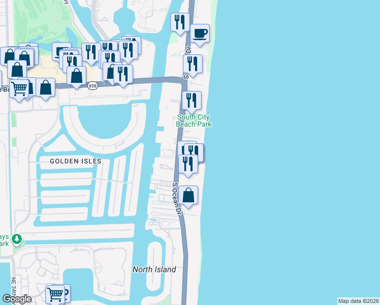 map of restaurants, bars, coffee shops, grocery stores, and more near 1920 South Ocean Drive in Hallandale Beach