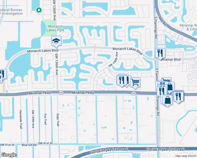 map of restaurants, bars, coffee shops, grocery stores, and more near 3095 Southwest 129th Way in Miramar