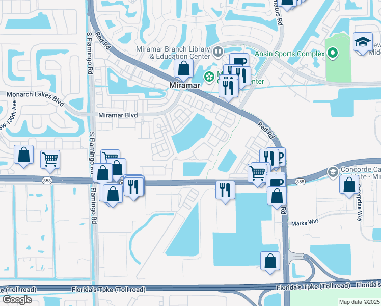 map of restaurants, bars, coffee shops, grocery stores, and more near 3040 Southwest 119th Avenue in Miramar