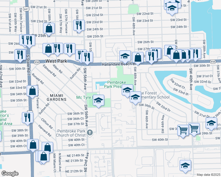 map of restaurants, bars, coffee shops, grocery stores, and more near 3115 Southwest 52nd Avenue in Pembroke Park