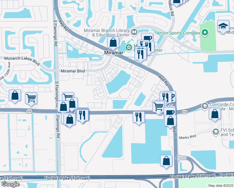 map of restaurants, bars, coffee shops, grocery stores, and more near 2951 Southwest 116th Avenue in Miramar