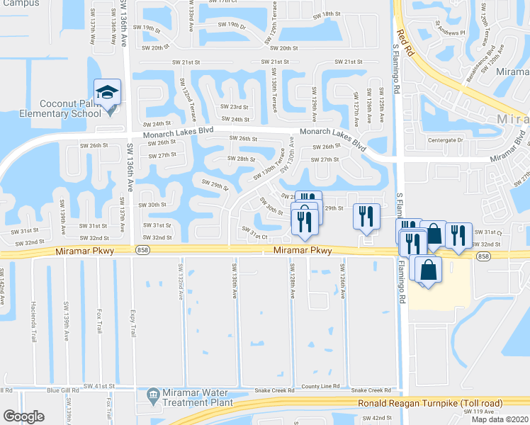 map of restaurants, bars, coffee shops, grocery stores, and more near 12962 Southwest 29th Court in Miramar