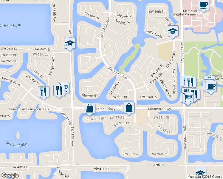 map of restaurants, bars, coffee shops, grocery stores, and more near 18002 Southwest 29th Lane in Miramar
