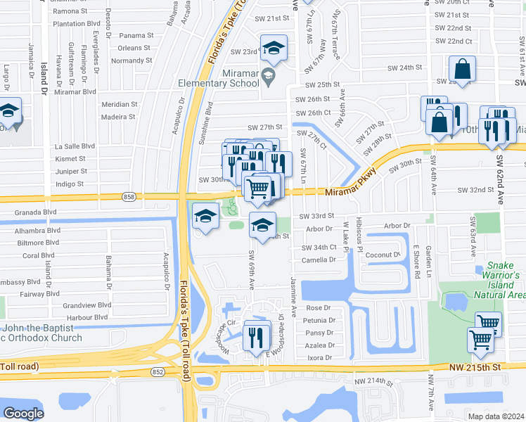 map of restaurants, bars, coffee shops, grocery stores, and more near 6830 Miramar Parkway in Miramar