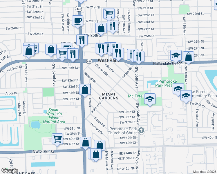 map of restaurants, bars, coffee shops, grocery stores, and more near 38 Miami Gardens Road in West Park