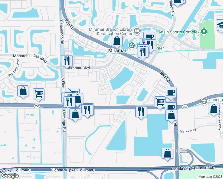 map of restaurants, bars, coffee shops, grocery stores, and more near 2905 Southwest 119th Way in Miramar