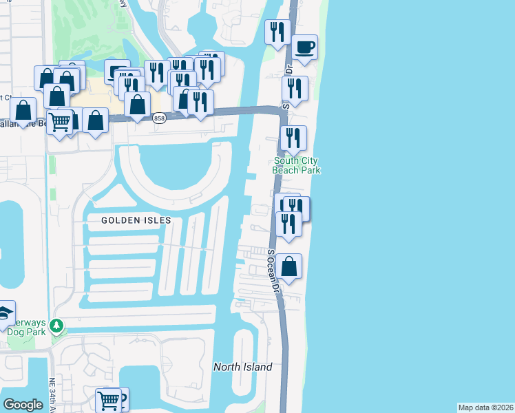 map of restaurants, bars, coffee shops, grocery stores, and more near 1945 South Ocean Drive in Hallandale Beach