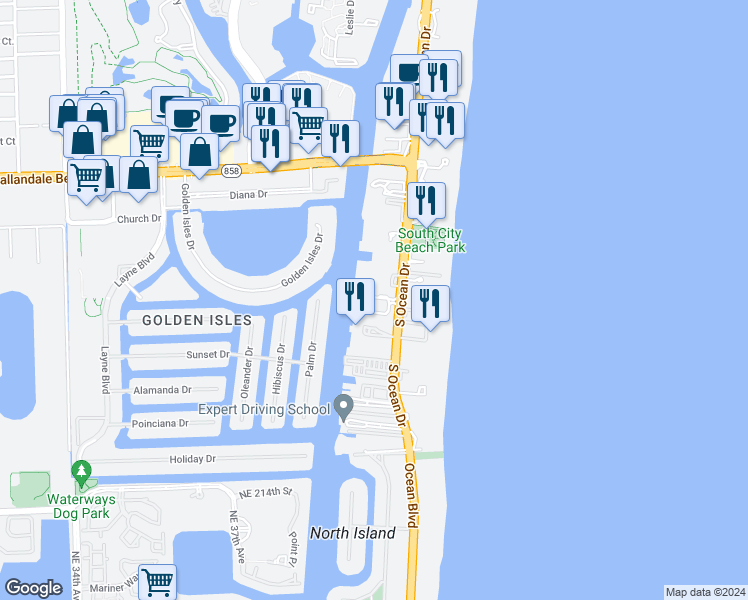 map of restaurants, bars, coffee shops, grocery stores, and more near 1945 North Ocean Drive in Hollywood