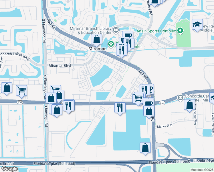 map of restaurants, bars, coffee shops, grocery stores, and more near 2951 Southwest 116th Avenue in Miramar