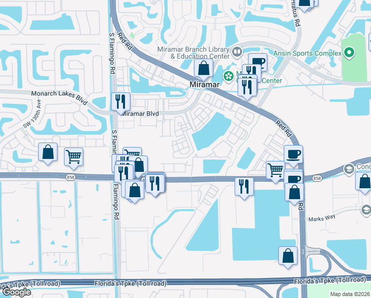 map of restaurants, bars, coffee shops, grocery stores, and more near 2853 Southwest 119th Way in Miramar