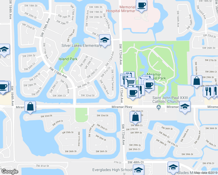 map of restaurants, bars, coffee shops, grocery stores, and more near 17360 Southwest 32nd Court in Hollywood