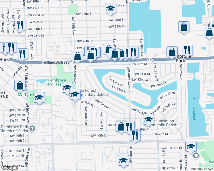 map of restaurants, bars, coffee shops, grocery stores, and more near 4340 Southwest 33rd Street in West Park