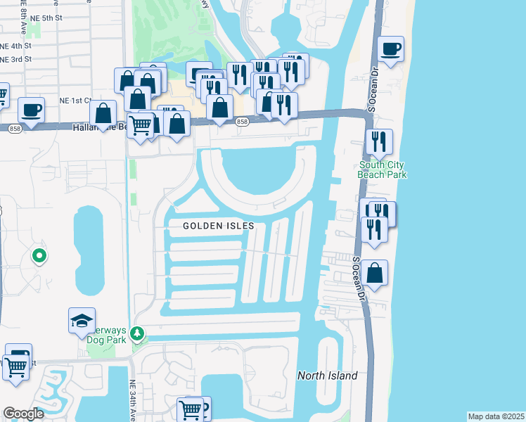 map of restaurants, bars, coffee shops, grocery stores, and more near 300 Golden Isles Drive in Hallandale Beach