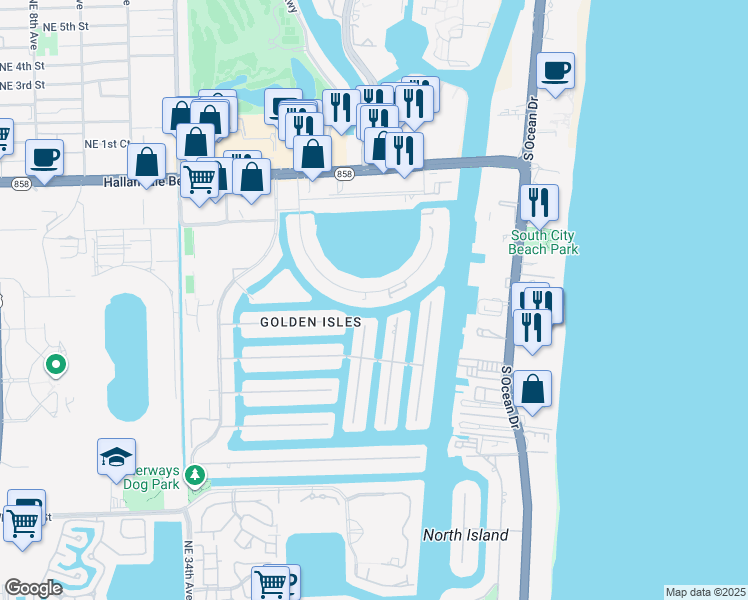 map of restaurants, bars, coffee shops, grocery stores, and more near 300 Golden Isles Drive in Hallandale Beach