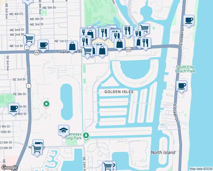 map of restaurants, bars, coffee shops, grocery stores, and more near 468 Paradise Isle Boulevard in Hallandale Beach