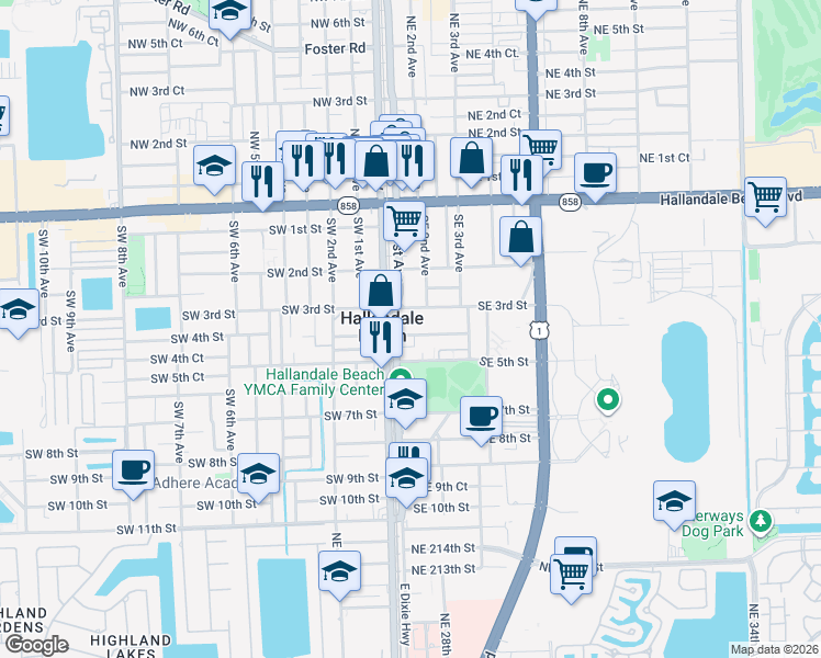 map of restaurants, bars, coffee shops, grocery stores, and more near in Hallandale Beach
