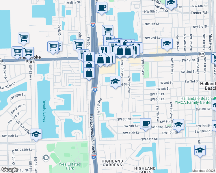 map of restaurants, bars, coffee shops, grocery stores, and more near 1043 Southwest 3rd Street in Hallandale Beach