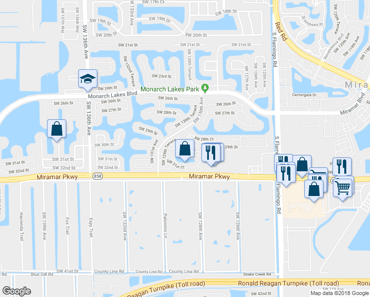 map of restaurants, bars, coffee shops, grocery stores, and more near 12902 Southwest 30th Street in Miramar