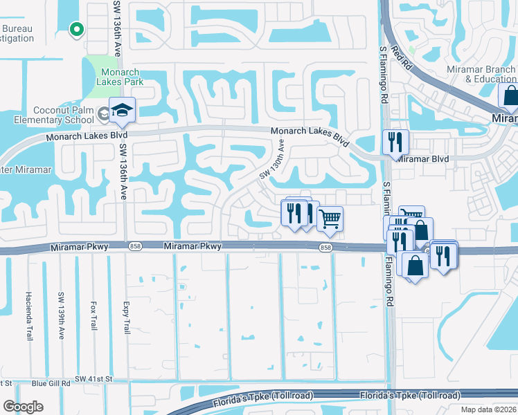 map of restaurants, bars, coffee shops, grocery stores, and more near 12962 Southwest 29th Court in Miramar
