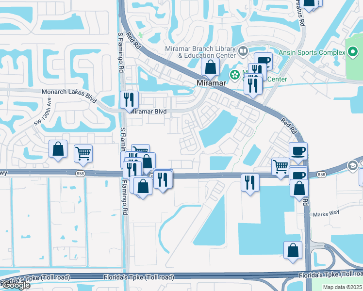 map of restaurants, bars, coffee shops, grocery stores, and more near 2853 Southwest 119th Way in Miramar