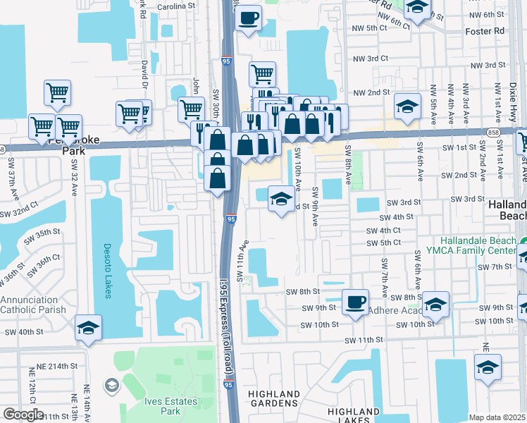 map of restaurants, bars, coffee shops, grocery stores, and more near 1043 Southwest 3rd Street in Hallandale Beach