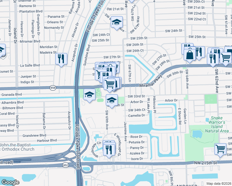 map of restaurants, bars, coffee shops, grocery stores, and more near 6830 Miramar Parkway in Miramar