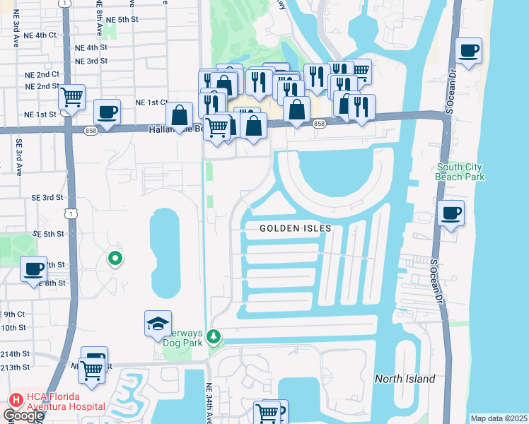 map of restaurants, bars, coffee shops, grocery stores, and more near 468 Paradise Isle Boulevard in Hallandale Beach