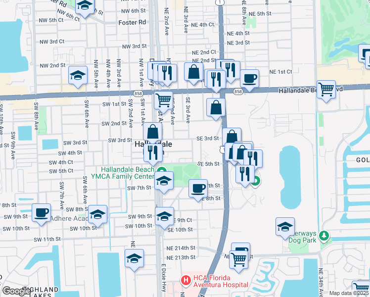 map of restaurants, bars, coffee shops, grocery stores, and more near 215 Southeast 4th Street in Hallandale Beach