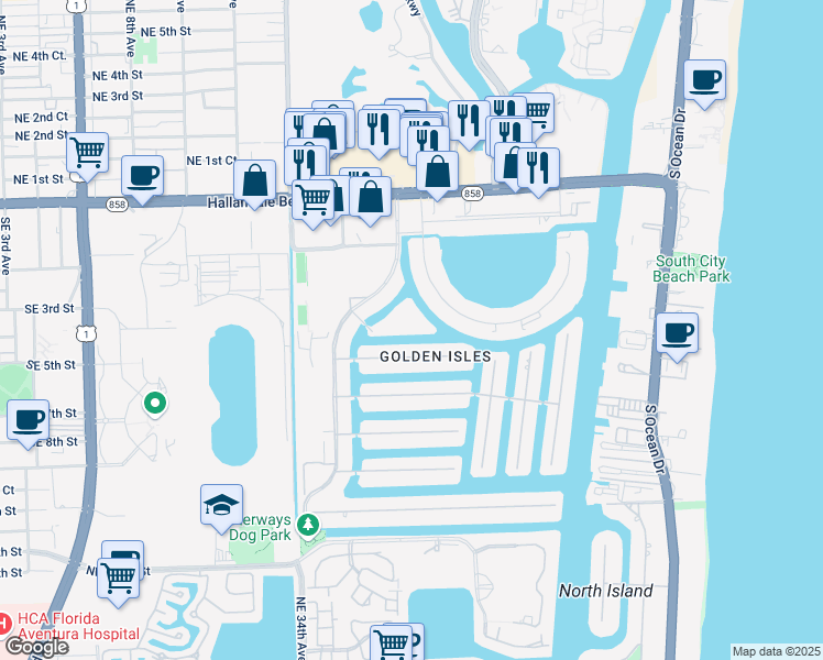 map of restaurants, bars, coffee shops, grocery stores, and more near 468 Paradise Isle Boulevard in Hallandale Beach