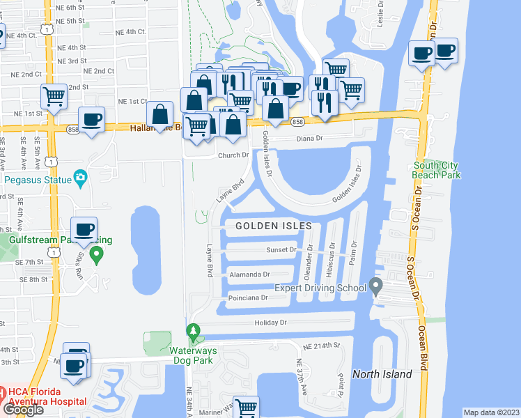 map of restaurants, bars, coffee shops, grocery stores, and more near 468 Paradise Isle Boulevard in Hallandale Beach