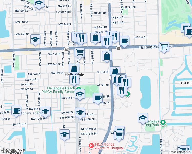 map of restaurants, bars, coffee shops, grocery stores, and more near 309 Southeast 3rd Avenue in Hallandale Beach