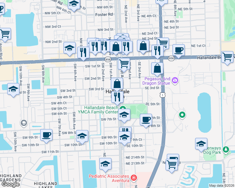 map of restaurants, bars, coffee shops, grocery stores, and more near in Hallandale Beach