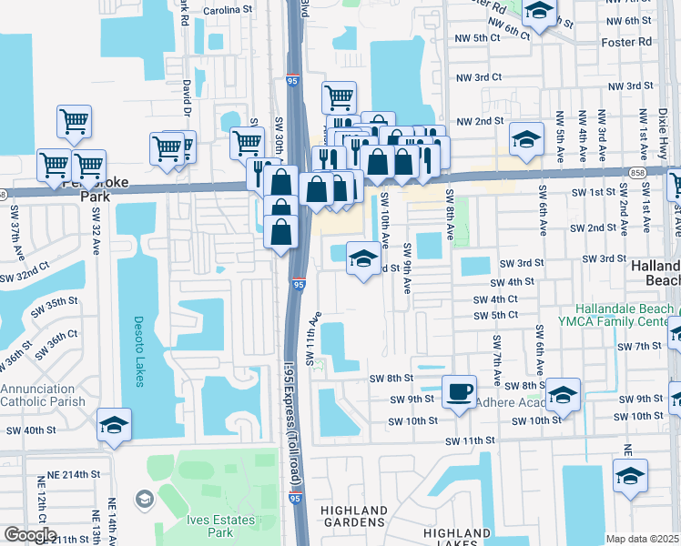 map of restaurants, bars, coffee shops, grocery stores, and more near 1043 Southwest 3rd Street in Hallandale Beach