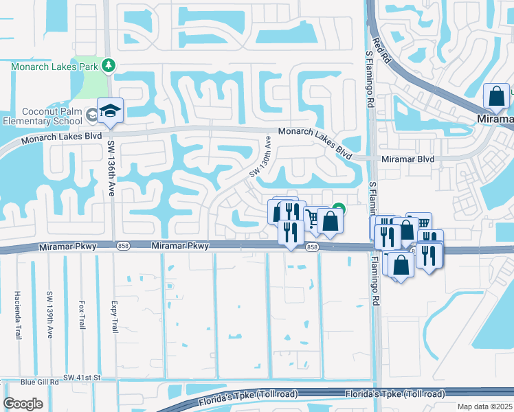map of restaurants, bars, coffee shops, grocery stores, and more near 12962 Southwest 29th Court in Miramar