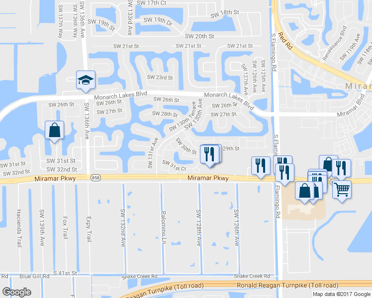 map of restaurants, bars, coffee shops, grocery stores, and more near 12962 Southwest 29th Court in Miramar